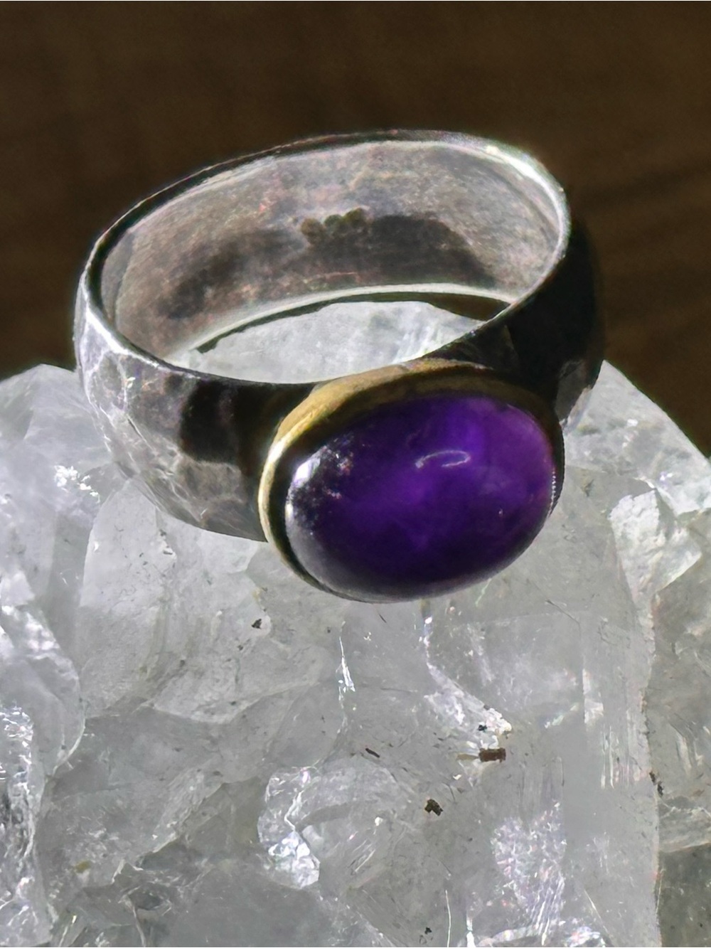 Artisan Amethyst Cabochon Mixed-Metal Hammered Statement Ring